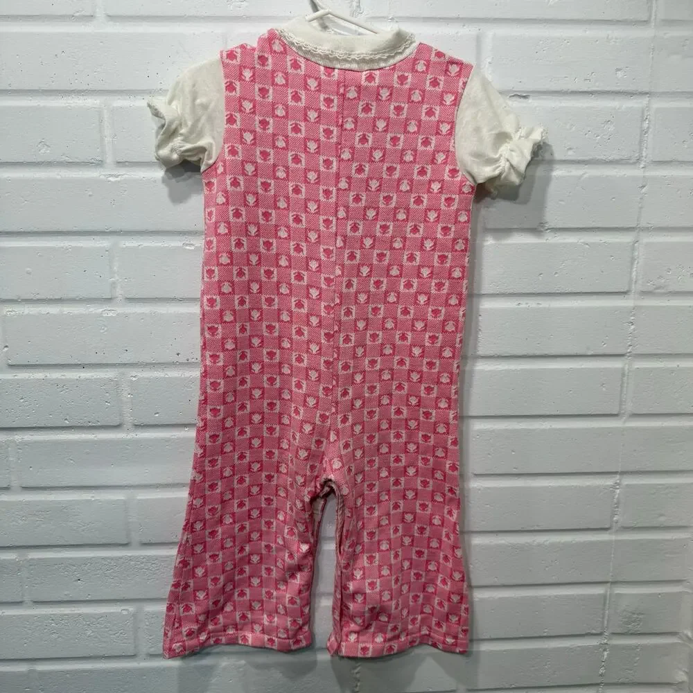 Vintage 70s Carters Jumpsuit Pink Patterned White Collar Toddler Girl Sz‎ 24 Mos